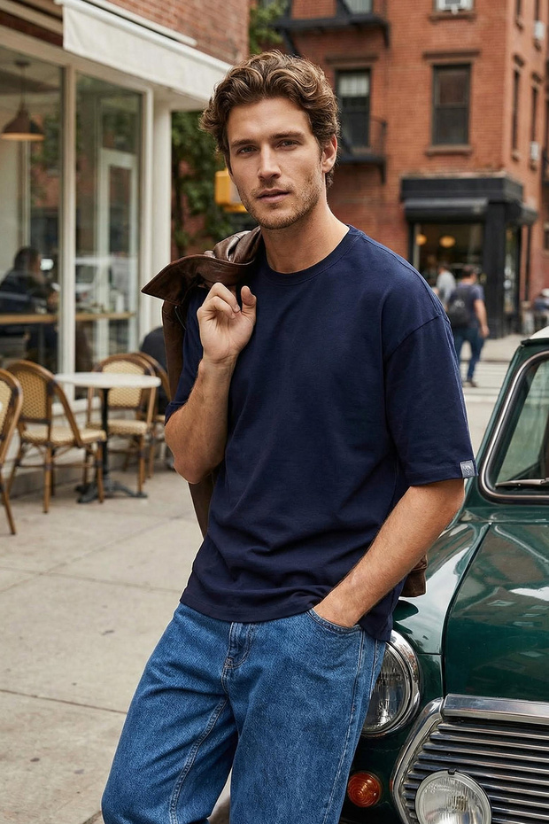 Lacivert Oversize/Geniş Kesim Yaka Detaylı Etiketli %100 Pamuklu Tok Kumaş T-shirt TMNSS25TS00057 - 1
