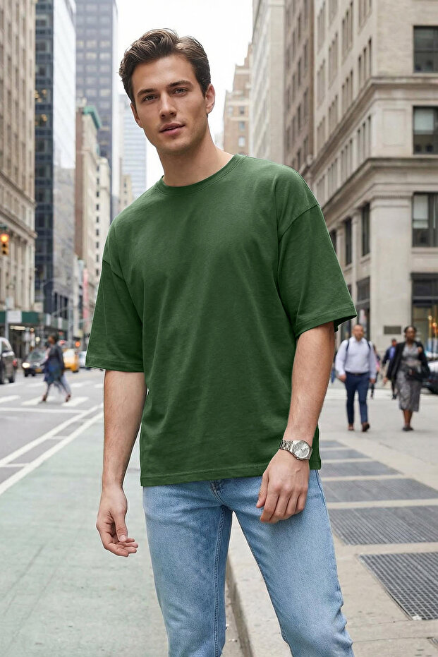 Haki Oversize/Geniş Kesim Basic %100 Pamuk T-Shirt TMNSS22TS0318 - 1