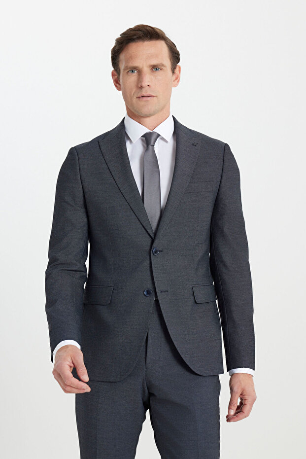 Men's Navy Blue-White Wool Slim Fit Slim Fit Swallow Collar Print Cover Pocket Suit