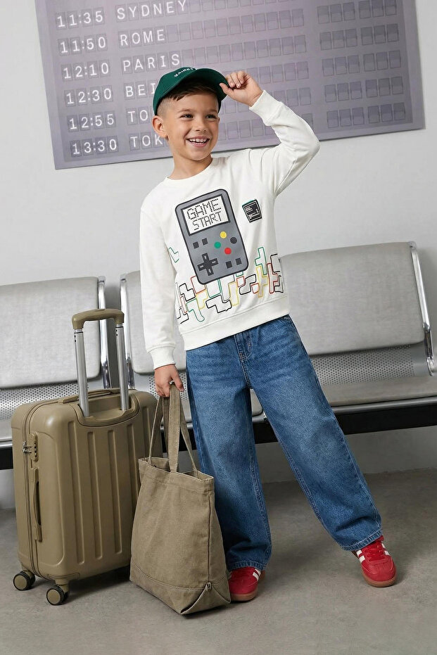 Ecru*002 Boys Seasonal-Thin Gamer Patterned Knitted Sweatshirt Tkdaw25Sw00007