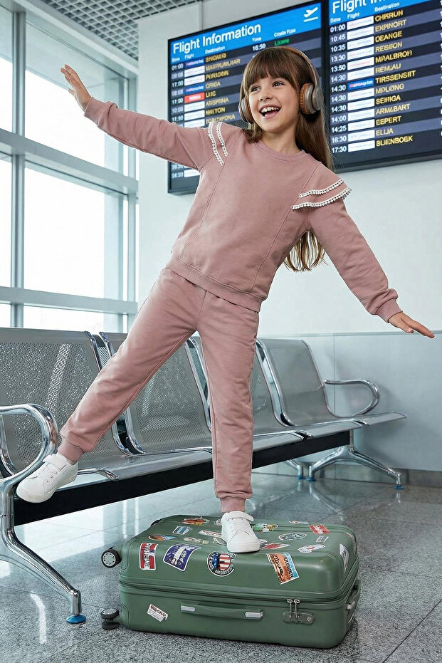 Gül Kurusu Fırfırlı Örme Kız Çocuk Sweatshirt ve Eşofman Alt-Üst Takım TKDAW25AU00081 - 1