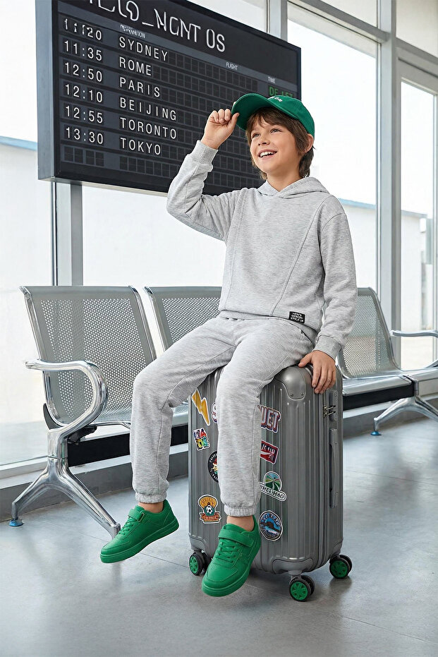 Gri Melanj Pamuklu Düz Kapüşonlu Örme Erkek Çocuk Sweatshirt ve Eşofman Alt-Üst Takım TKDAW25AU00058 - 1