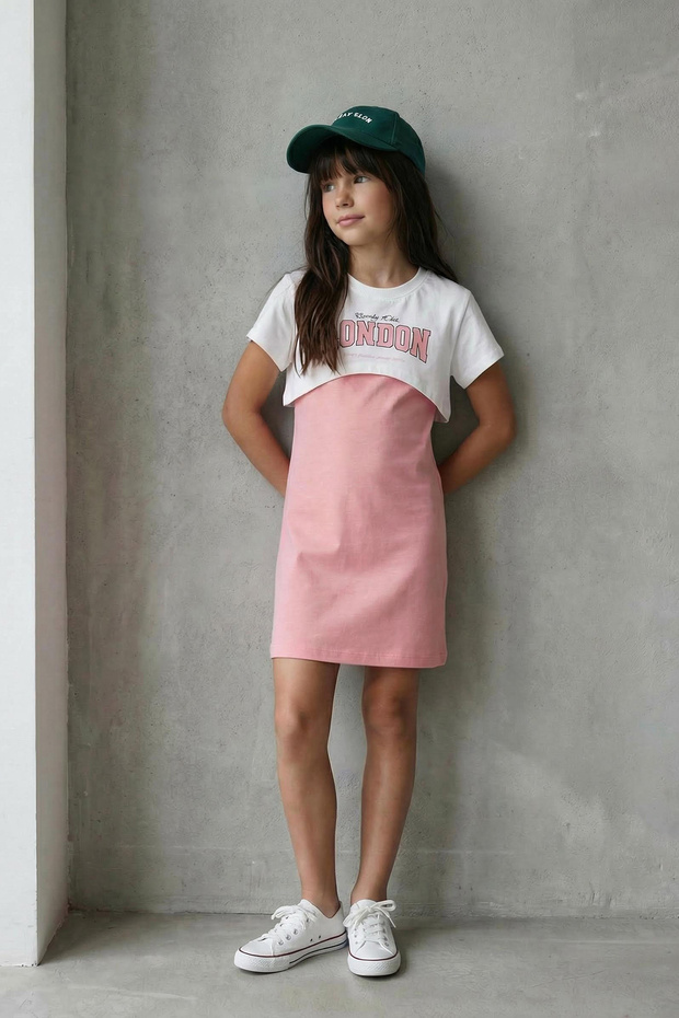 Pembe Kız Çocuk %100 Pamuk Slogan Baskılı Kısa Kol Örme Elbise TKDSS25EL00095 - 1