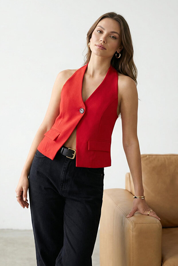 Kırmızı Regular Regular Halter Yaka Tek Düğmeli Yelek TWOSS25YE00087 - 2