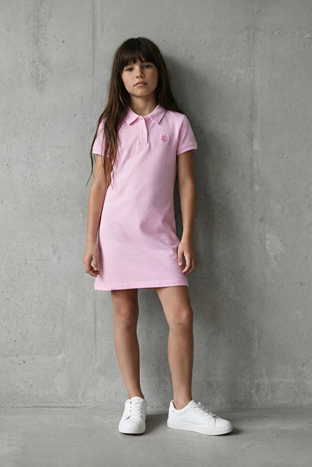 Pembe Kız Çocuk %100 Pamuk Çiçek Nakışlı Polo Yaka kısa Örme Elbise TKDSS25EL00085 - 1