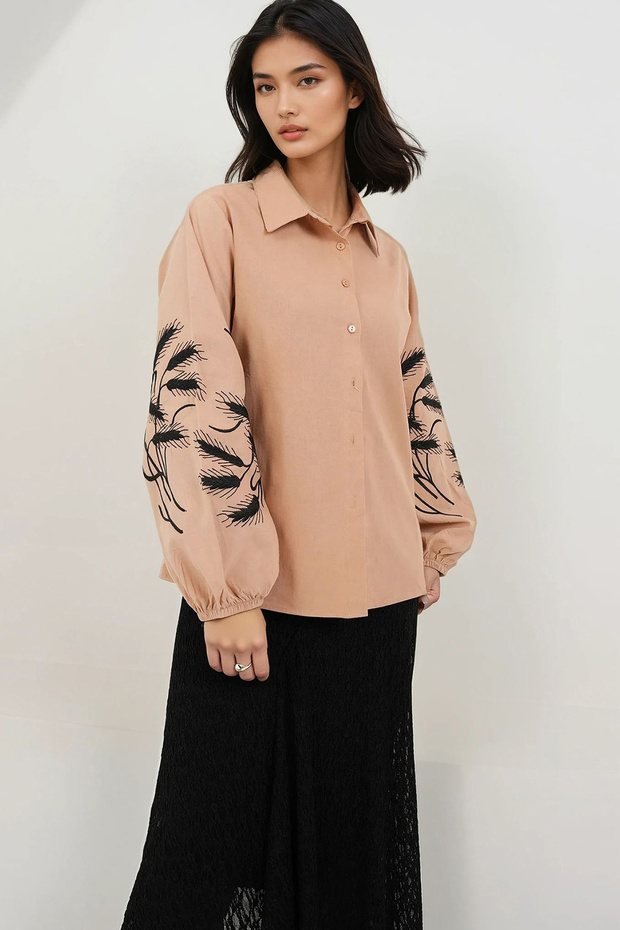 Beige Embroidered Balloon Sleeve Poplin Shirt Alc-X14843