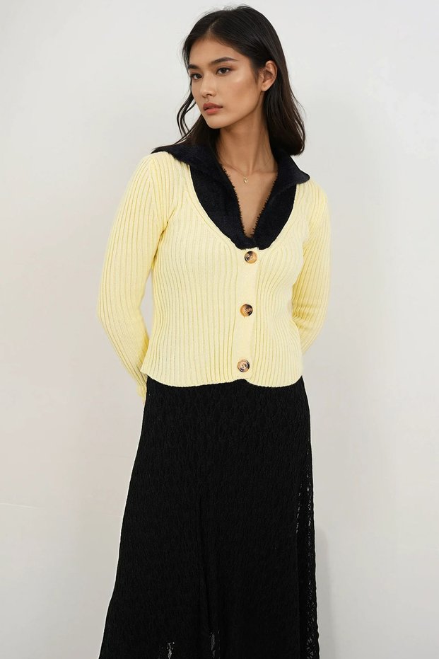 Yellow Fur Collar Knitwear Cardigan Alc-X14869