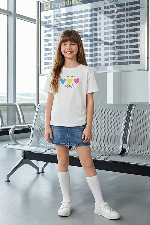 Ekru Kız Çocuk %100 Pamuk Kalp Baskılı Kısa Kol Örme T-Shirt TKDSS25TS00062 - 1