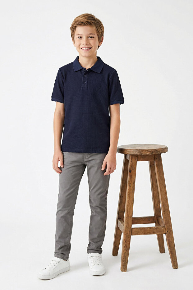 Lacivert Erkek Çocuk Basic Polo Yaka Kısa Kol Dokulu Örme T-Shirt TKDSS25TS00076 - 1