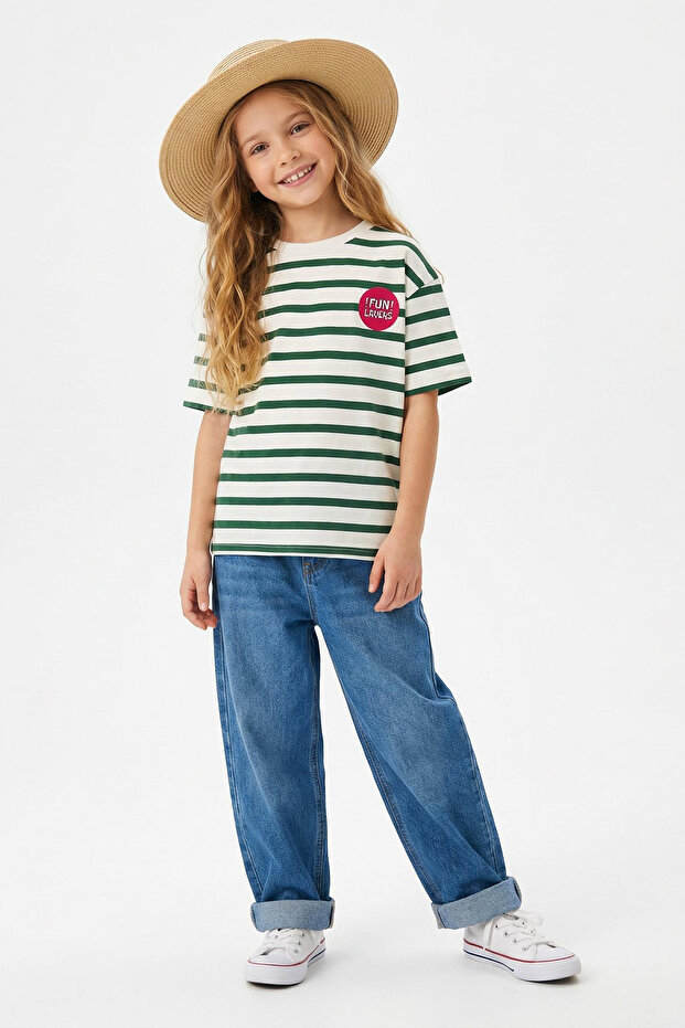 Yeşil Çizgili Örme T-Shirt TKDSS25TS00037 - 4