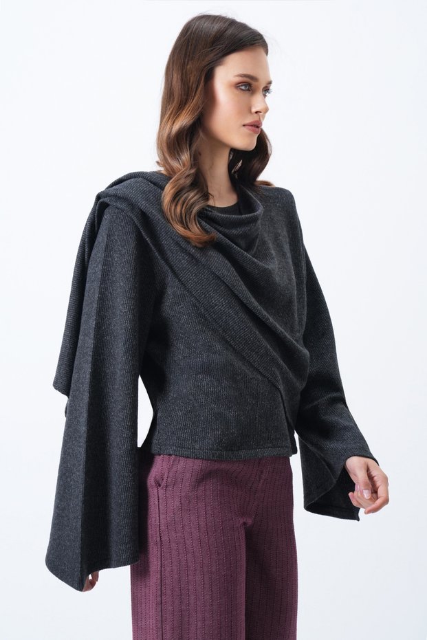 Women's Anthracite Crew Neck Self Wrap Detail Wide Cut Design Blouse Alc-X14420