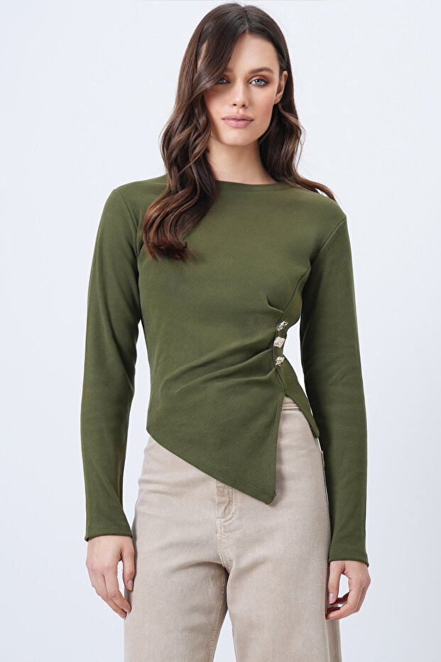 Women's Khaki Crew Neck Gold Button and Drape Detail Ottoban Blouse Alc-X14716