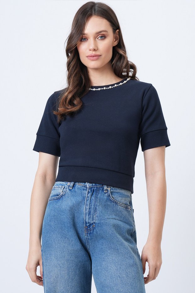 Women's Navy Blue Crew Neck Pearls Knitwear Blouse Alc-X14637