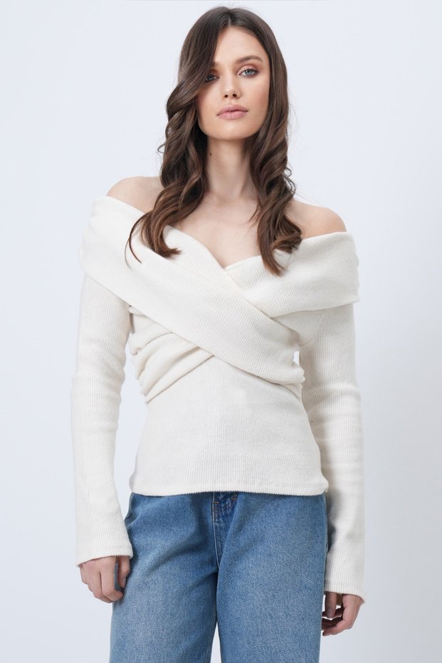 Women's Cream Madonna Collar Cross Detailed Knitted Blouse Alc-X14729