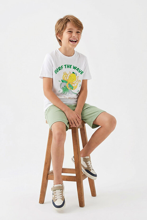 Yeşil Erkek Çocuk Pamuklu Baskılı Kısa Kol T-Shirt-Şort Örme Alt Üst Takım TKDSS25AU00082 - 1