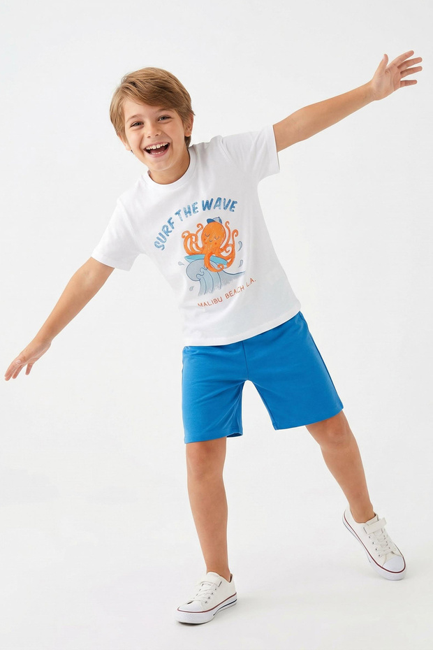 Mavi Erkek Çocuk Pamuklu Baskılı Kısa Kol T-Shirt-Şort Örme Alt Üst Takım TKDSS25AU00082 - 1