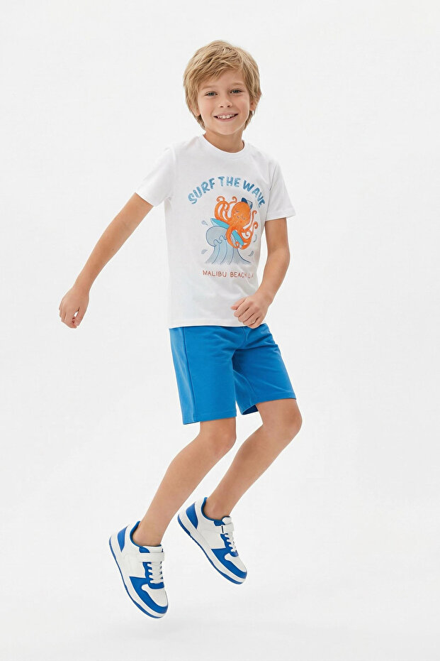 Mavi Erkek Çocuk Pamuklu Baskılı Kısa Kol T-Shirt-Şort Örme Alt Üst Takım TKDSS25AU00082 - 2