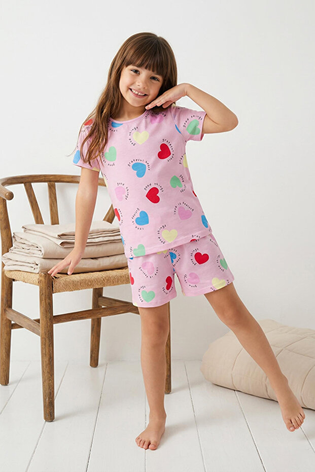 Pembe Kız Çocuk Kalp Desenli Bisiklet Yaka Alt Üst Örme Pijama Takımı TKDSS25PT00006 - 1