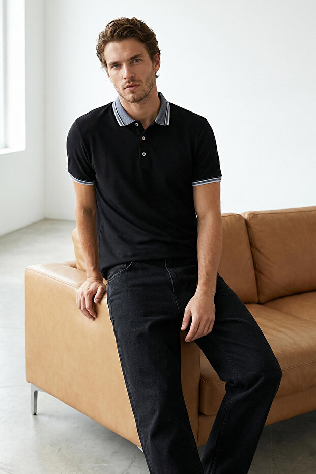 Siyah Slim/Dar Kesim %100 Polo Yaka T-shirt TMNSS22PO00014 - 1