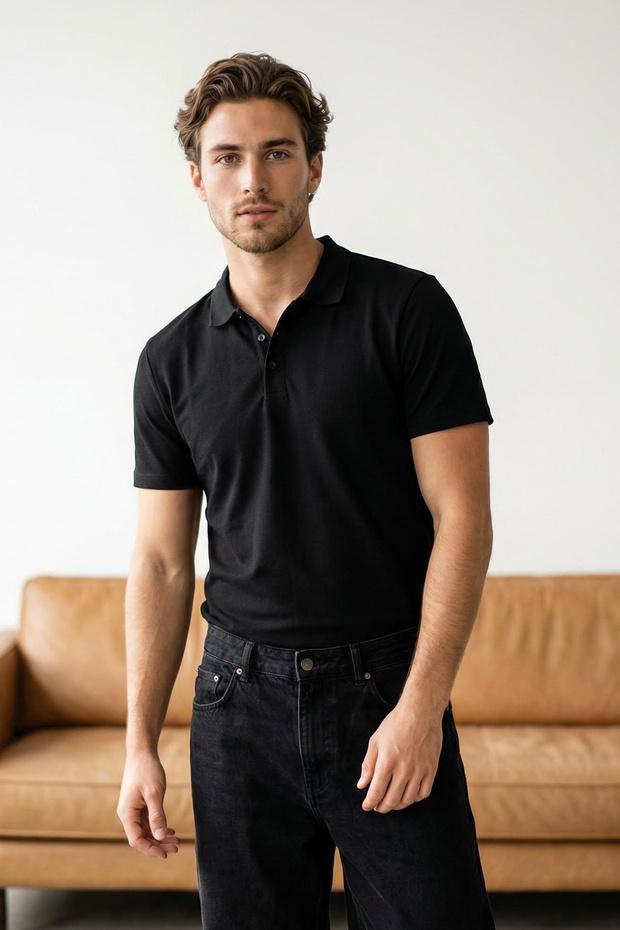 Siyah Slim/Dar Kesim Dokulu Düğmeli %100 Pamuk Polo Yaka T-shirt TMNSS20PO0002 - 1