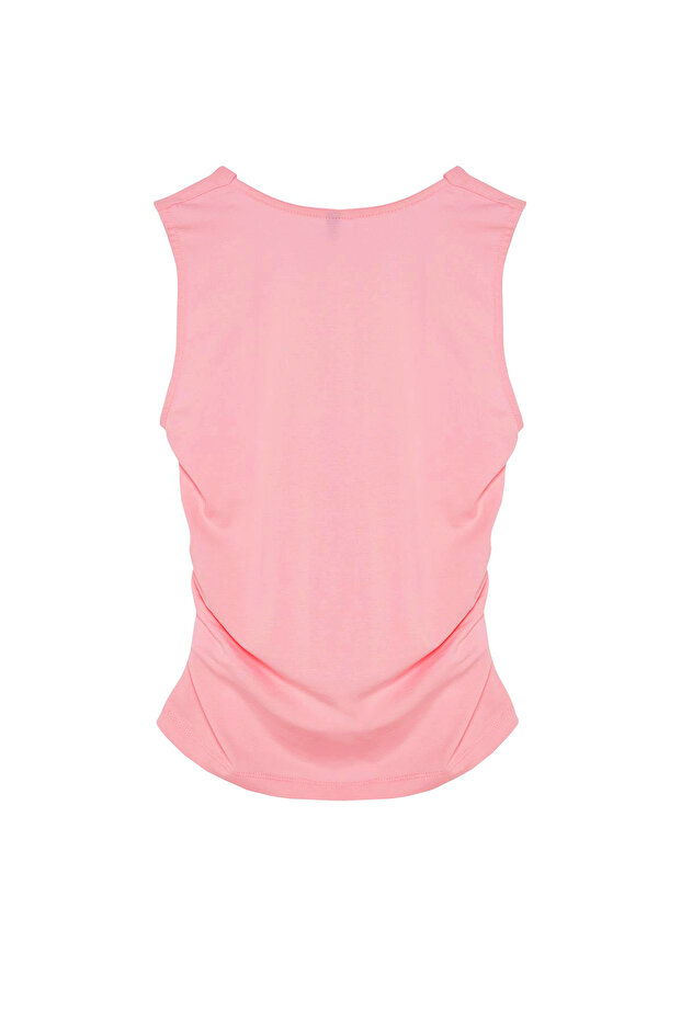 Pembe Düz Kare Yaka Askılı Büzgülü Fitted/Vücuda Oturan Esnek Örme Bluz TWOSS24BZ00400 - 6