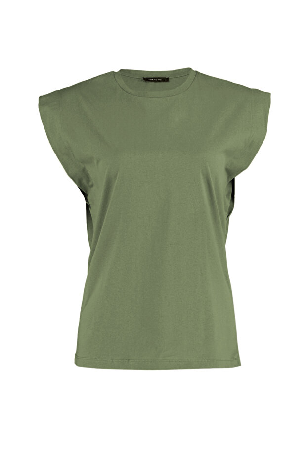 Haki %100 Pamuk Vatka Görünümlü Basic Bisiklet Yaka Örme T-Shirt TWOSS20TS0021 - 6