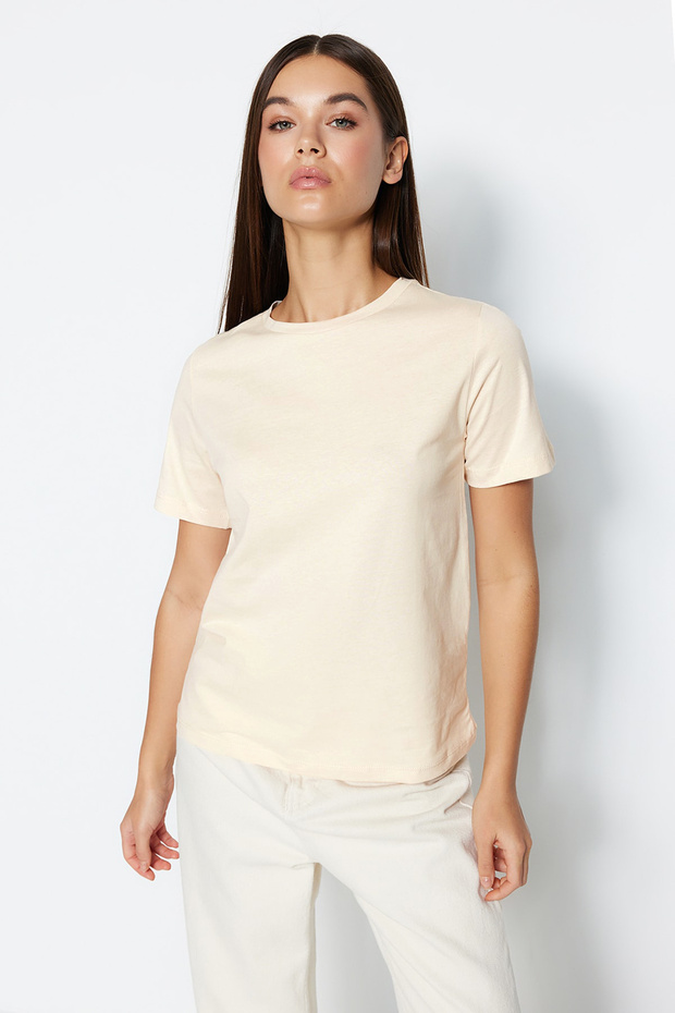 Açık Bej %100 Pamuk Basic Bisiklet Yaka Örme T-Shirt TWOSS23TS00000 - 2