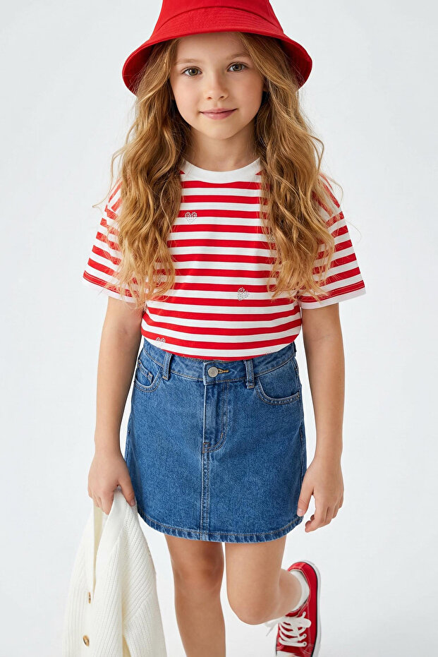 Kırmızı Çizgili Kız Çocuk 1 23 Nisan PamukKalp Nakışlı Oversize Kısa Kol Örme - 3
