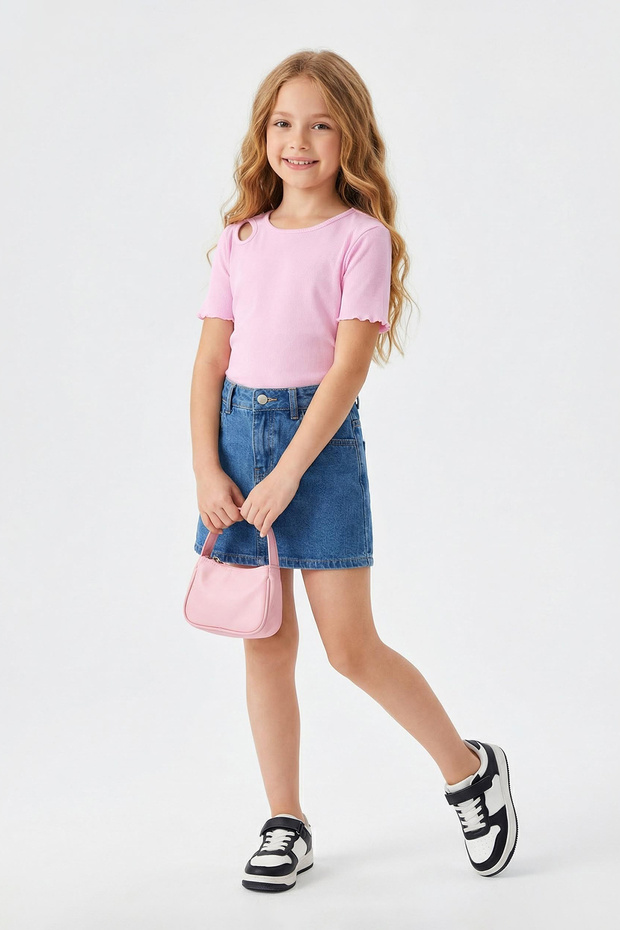 Pembe Kız Çocuk Pamuklu Basic Regular Kalıp Cut-Out Detaylı Kısa Kol Örme T-Shirt TKDSS25TS00022 - 1