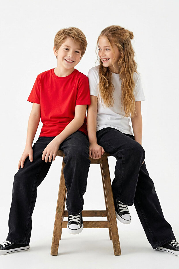 Kırmızı-Beyaz 2'li Erkek Çocuk %100 Pamuk Basic Kısa Kol Örme T-Shirt TKDSS25TS00010 - 1