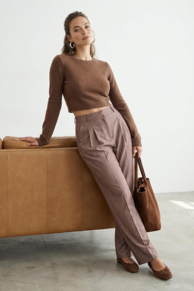 Kahverengi Pilili Wide Leg/Geniş Paça Pantolon TWOAW26PL00015 - 1