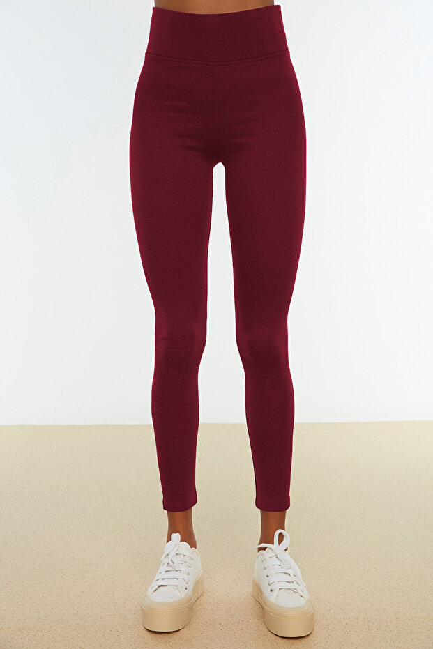 Bordo Toparlayıcı Beli Lastikli Yüksek Bel Esnek Örme Tayt TWOAW20TA0087 - 8