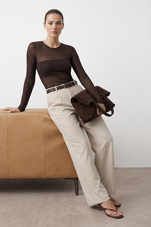 Taş Yüksek Bel Wide Leg Geniş Paça Pilili Dokuma Kumaş Pantolon TWOAW21PL0076 - 1