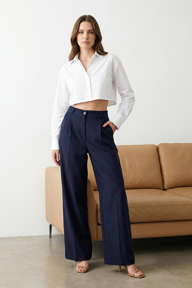 Lacivert Yüksek Bel Wide Leg/Geniş Paça Çizgili Dokuma Pantolon TWOSS22PL0100 - 1