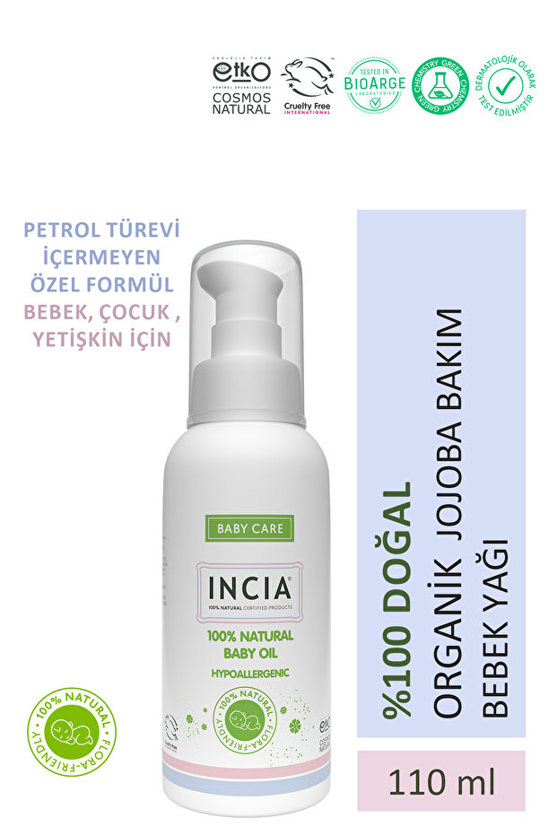 INCIA %100 Doğal Bebek Yağı Organik Jojoba Bakım Masaj Yağı Parafinsiz Bitkisel Vegan 110 ml