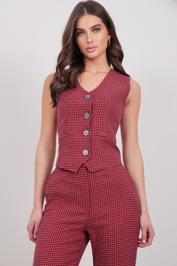 Women's Burgundy Plaid Patterned Lined Vest Alc-X14927