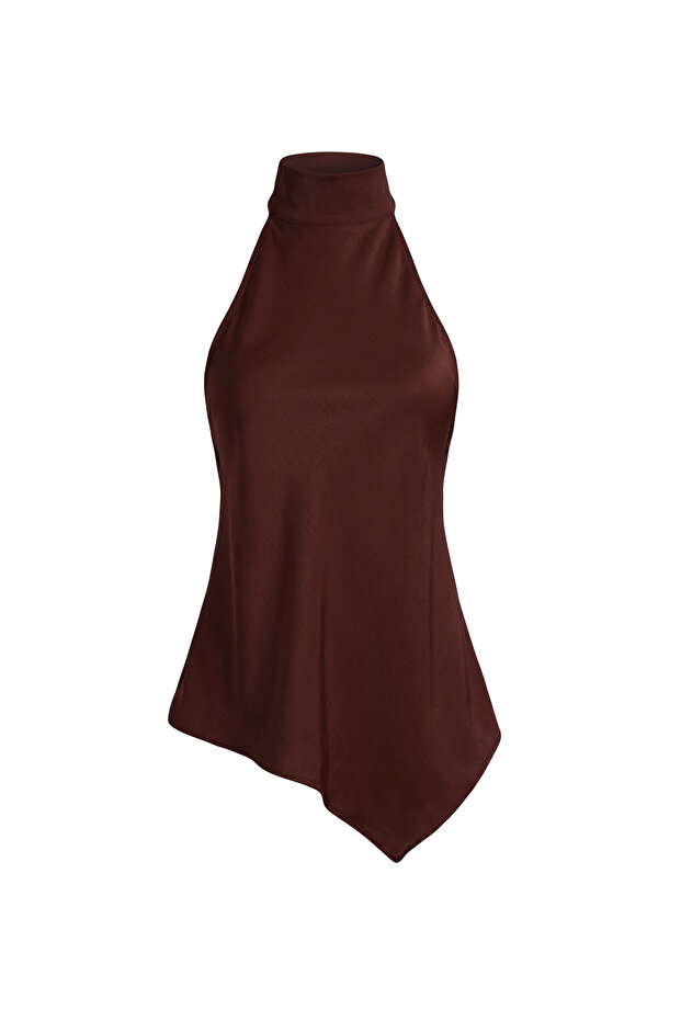 Kahverengi Asimetrik Kesim Halter Yaka Saten Bluz TPRSS26BZ00019 - 5