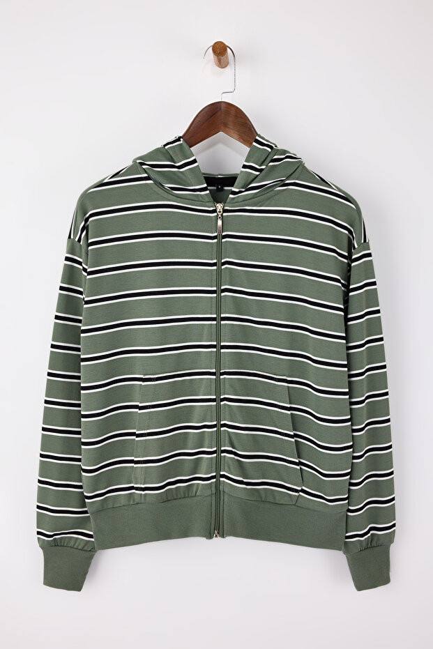 Yeşil Çizgili Regular/Normal Kalıp Kapüşonlu Fermuarlı İnce Örme Sweatshirt TWOSS26SW00003 - 6