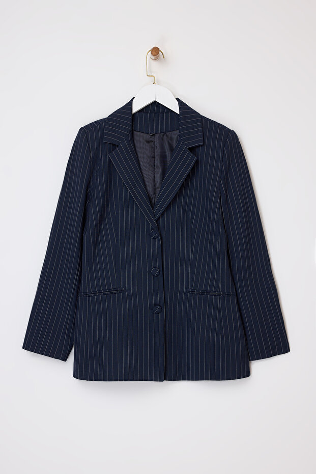 Lacivert Çizgili Beli Kemer Detaylı Dokuma Astarlı Vatkalı Blazer Ceket TWOSS26BC00002 - 6