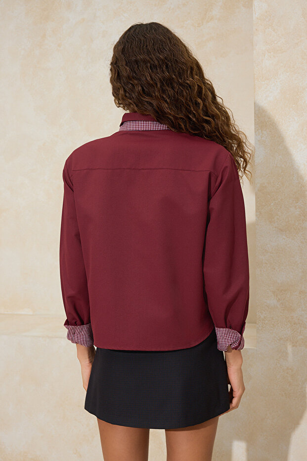 Bordo Ekoseli Fular Detaylı Gabardin Gömlek TWOSS26GO00014 - 4