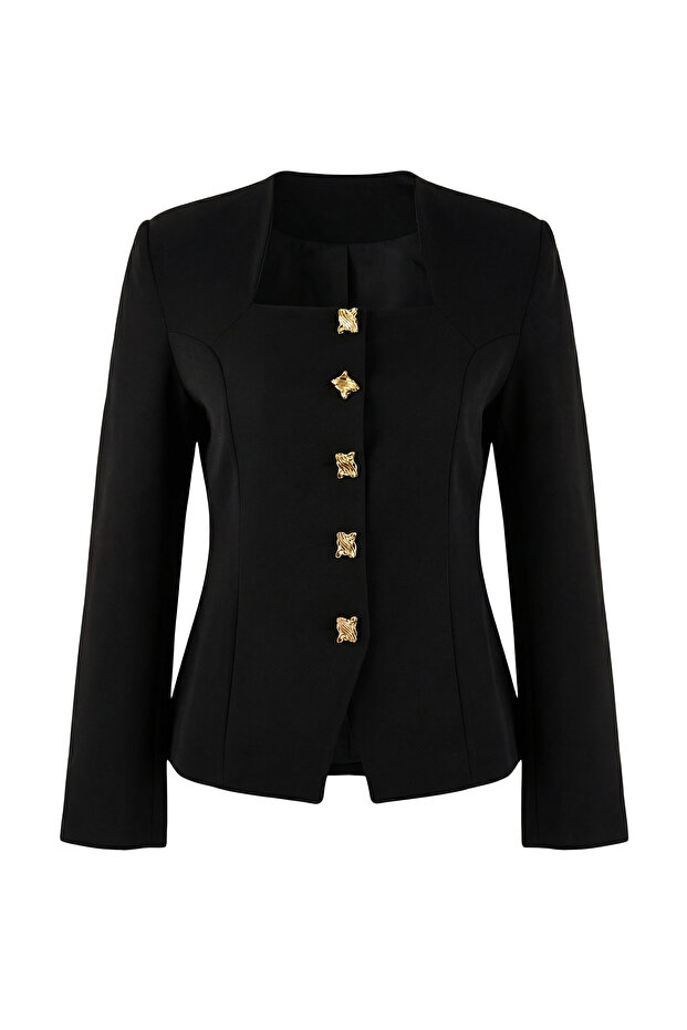 Siyah Kare Yaka Aksesuar Düğmeli Fitted/Vücuda Oturan Astarlı Blazer Ceket TWOSS26BC00009 - 6