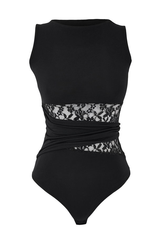 Siyah Dantel Detaylı Transparan Örme Body TPRSS26BD00010 - 5