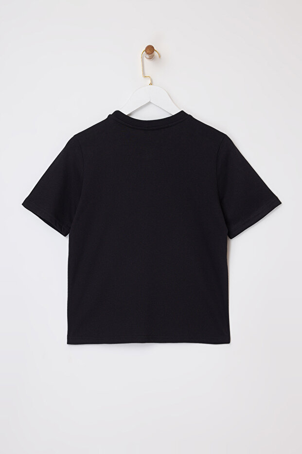 Siyah Regular/Normal Kalıp Aksesuar Detaylı Tok %100 Pamuk Örme T-Shirt TWOSS26TS00007 - 6