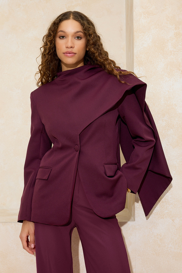 Bordowy szalowy kołnierz Regular/Normalny krój Tkanina podszewkowa Płaszcz z podszewką TWOSS26BC00010 - 3