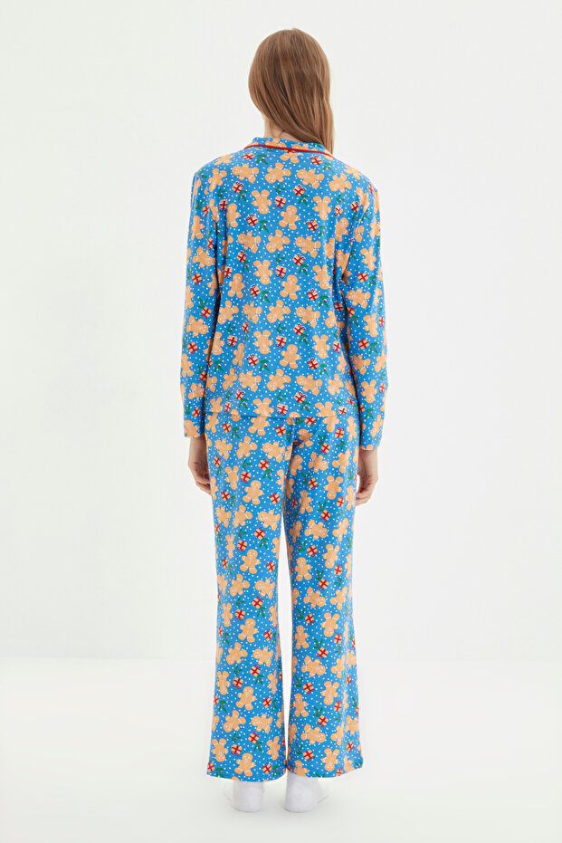 Mavi %100 Pamuklu Yılbaşı Temalı Örme Pijama Takımı THMAW22PT1204 - 6