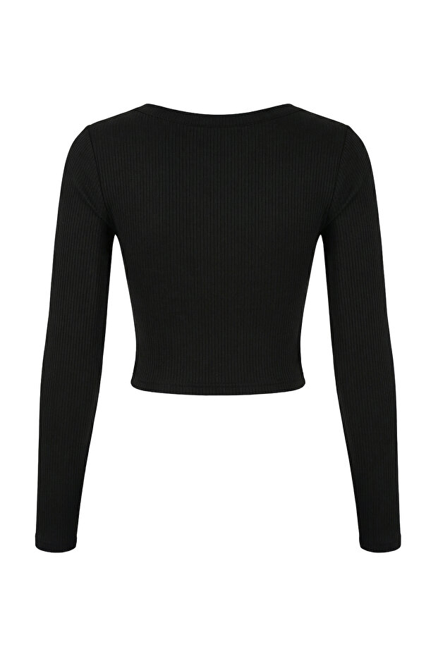Siyah Fitted/Vücuda Oturan V Yaka Çıtçıtlı Crop Yumuşak Örme Bluz TWOSS26BZ00056 - 6