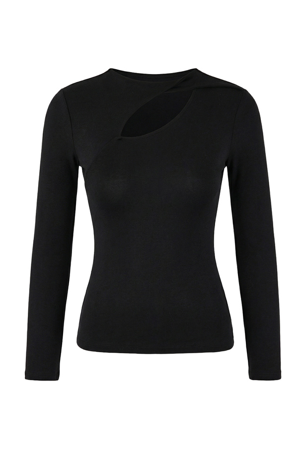 Siyah Fitted/Vücuda Oturan Uzun Kollu Pencere Detaylı Yumuşak Örme Bluz TWOSS26BZ00247 - 5