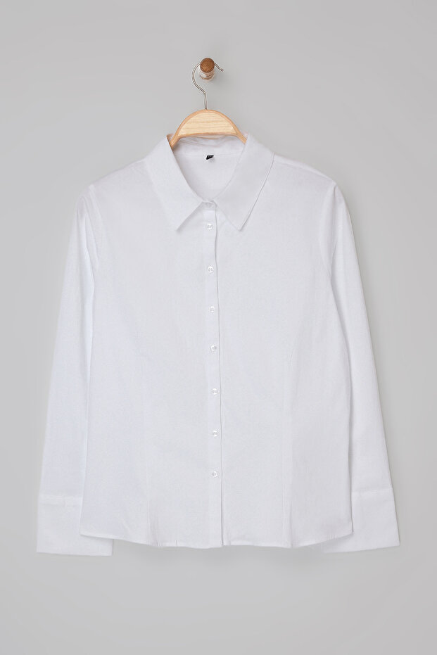 Wardrobe Essentials Beyaz Hafif Bele Oturan Pamuklu Dokuma Gömlek TBBAW26AX00020 - 5