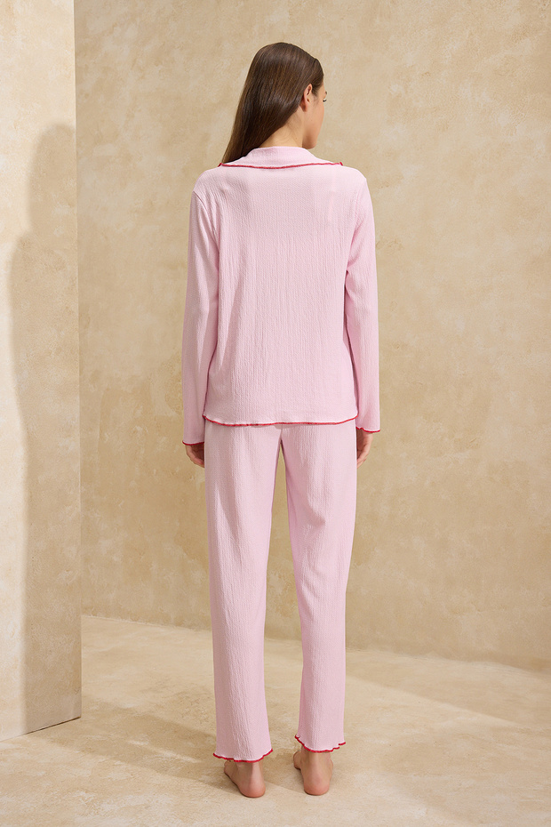 Pembe Kiraz Nakışlı Cepli Baby Overloklu Bürümcük Dokulu Örme Pijama Takımı THMSS26PT00018 - 7