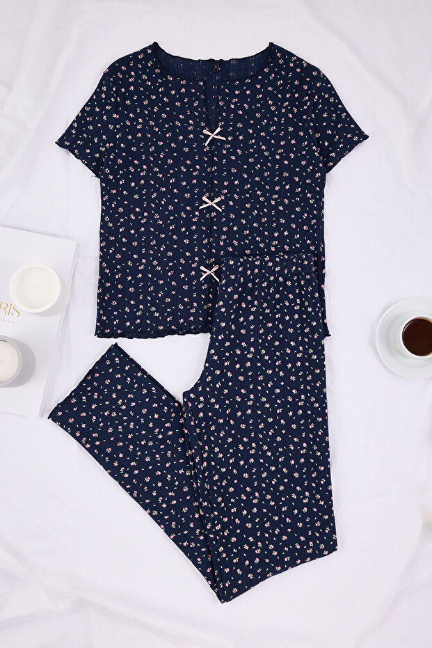 Lacivert %100 Pamuklu Çiçekli Kurdele/Fiyonklu Fitilli/Pointel Örme Pijama Takımı THMSS26PT00010 - 7